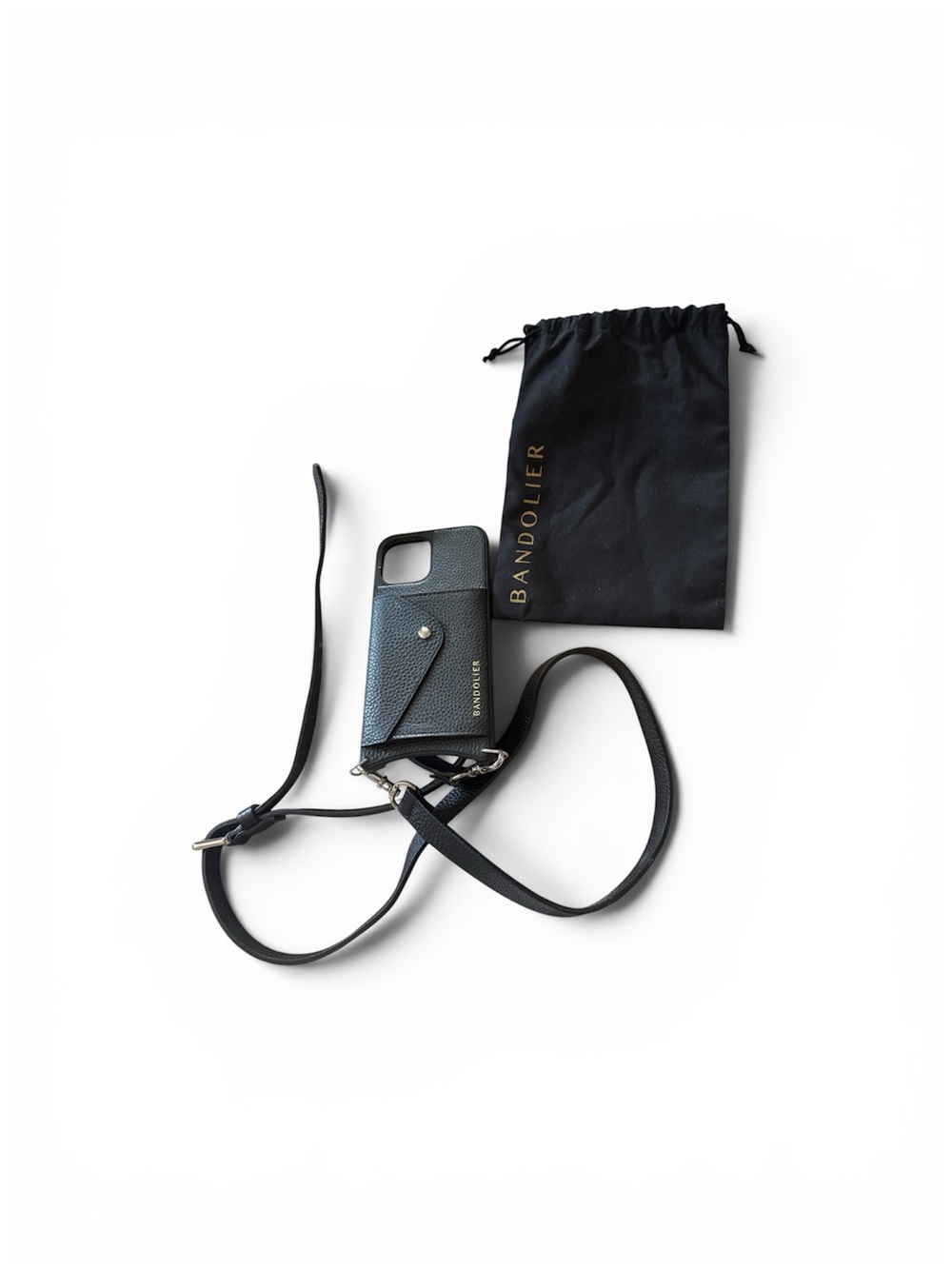 Bandolier Black Pebbled Leather Crossbody iPhone 14 case with Strap